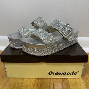 Outwoods Bright 1 Womens Platform Sandals Size 7 Silver Rhinestone Buckle Bling
